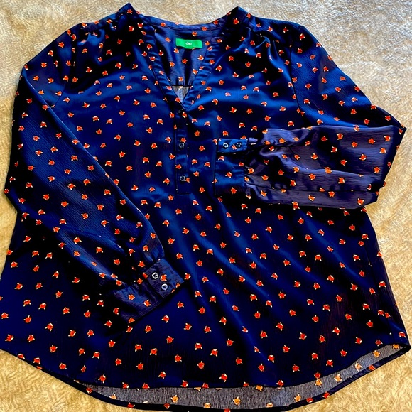 Dip Blue Hammered Satin Fox Print Long Sleeve Blouse Large - Picture 1 of 3